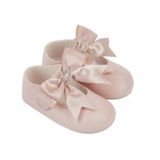 B060: Baby Girls Bow & Diamante Soft Soled Shoe-Dusty Pink (Shoe Sizes: 0-3)